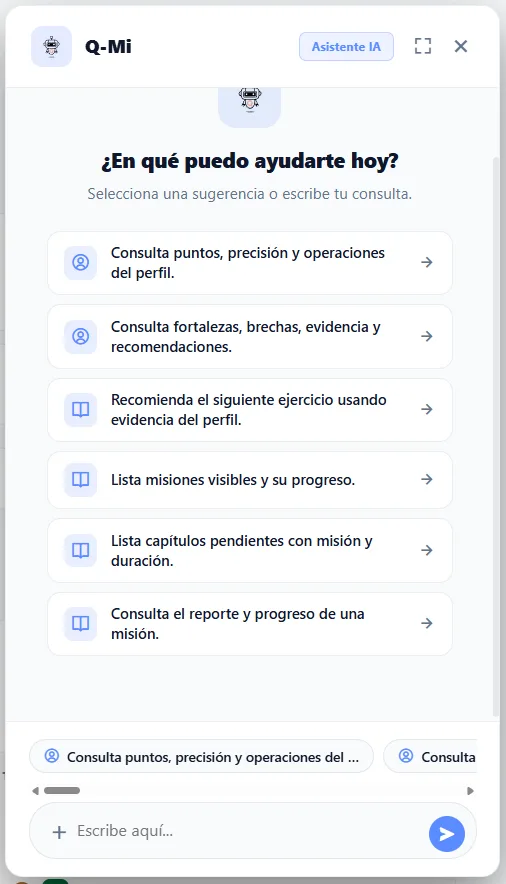 Q-Mi: el asistente de Triforce AI con sus sugerencias de consulta sobre el perfil, las brechas y las misiones