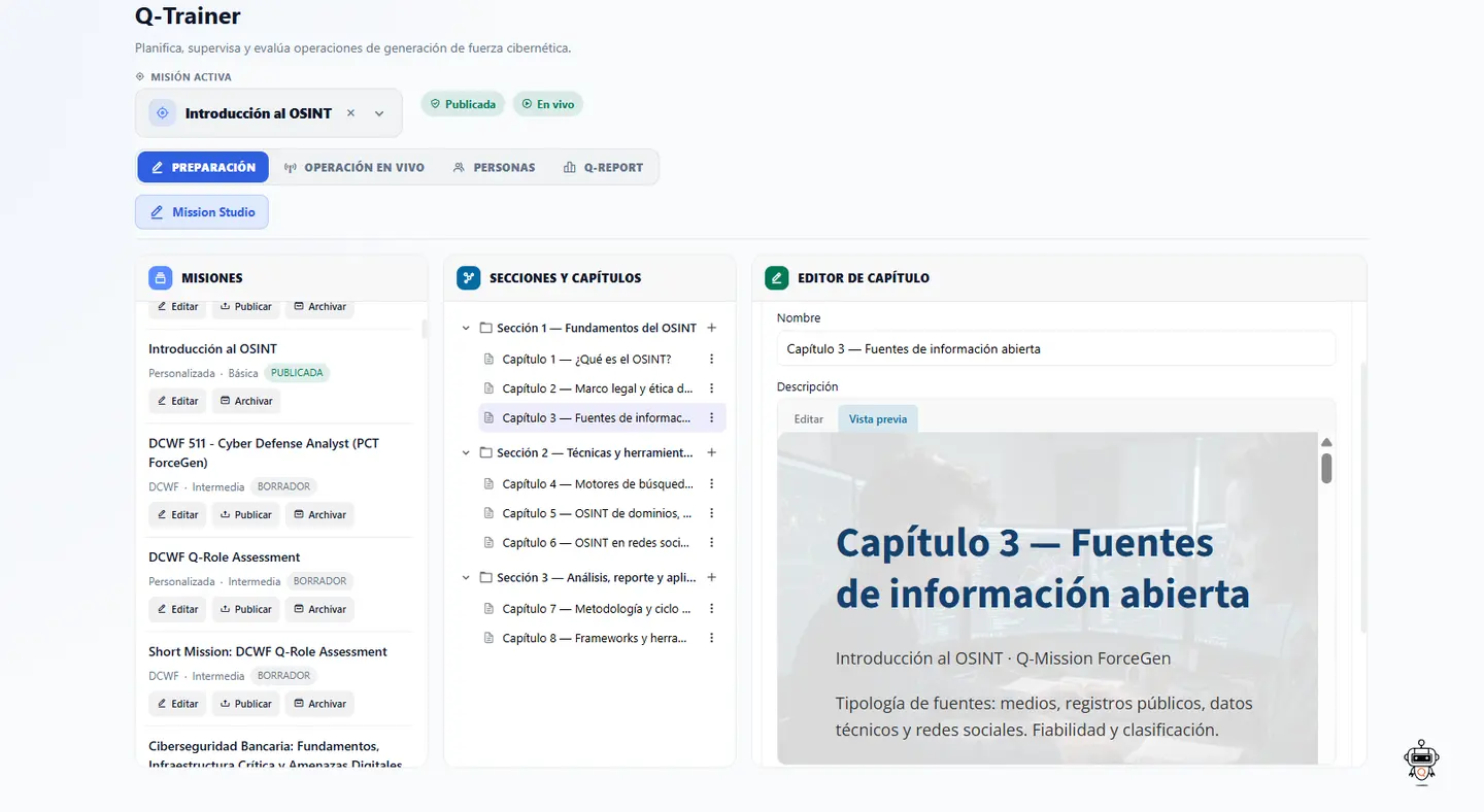 Q-Trainer Mission Studio: misiones, secciones y capítulos, y editor de capítulo